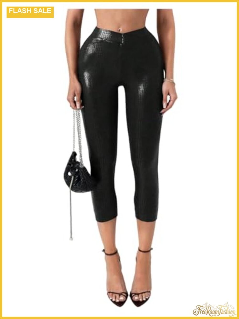 Faux Leather Skinny Capri Leggings Crossover Waist High Rise Stretch